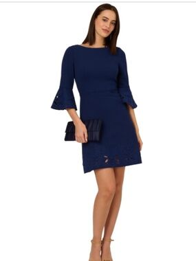Adrianna Papell Knit Crepe Combo Short Dress Women's Dress Navy Sateen  Size 12